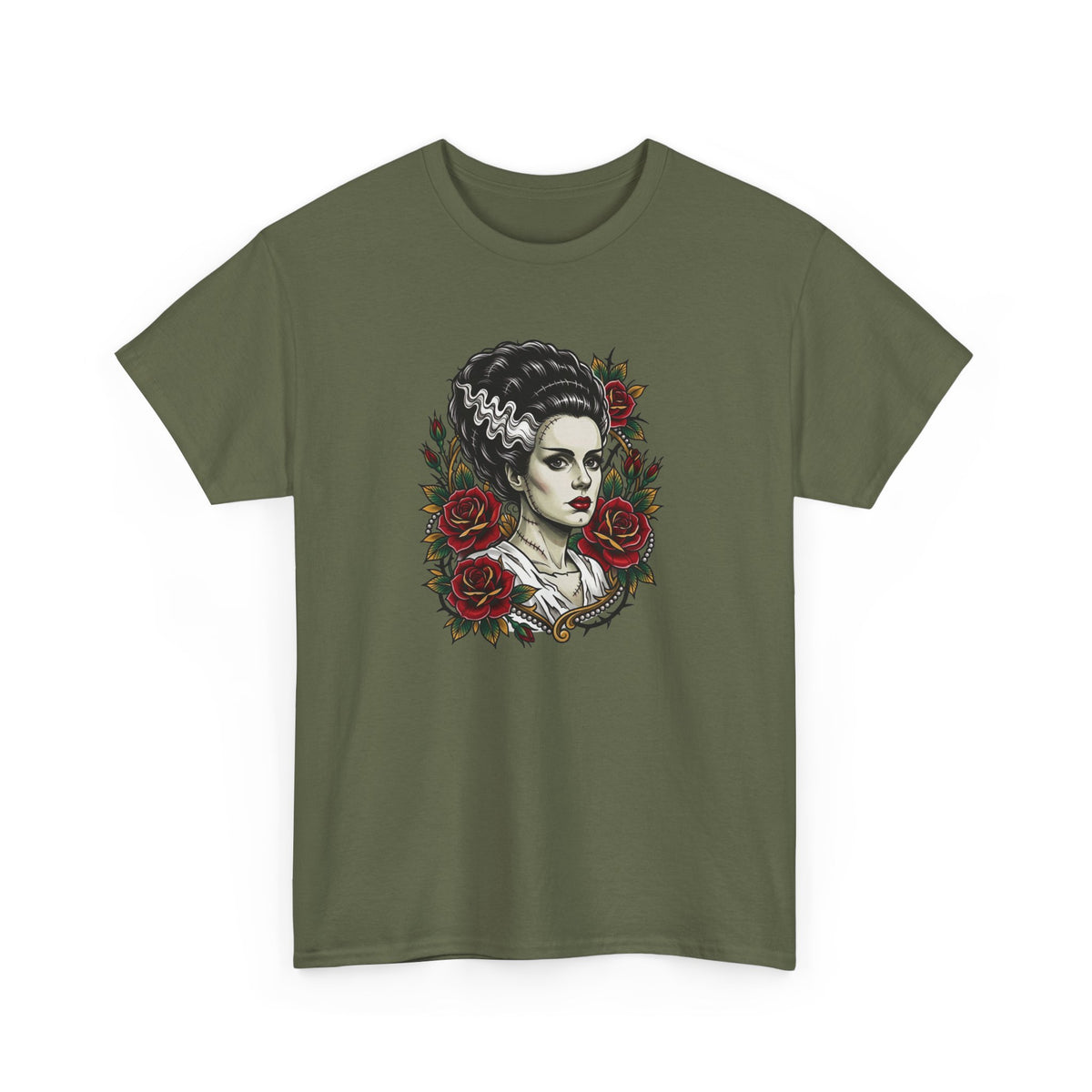 Bride of Frankenstein Tee — Gothic Portrait with Red Roses