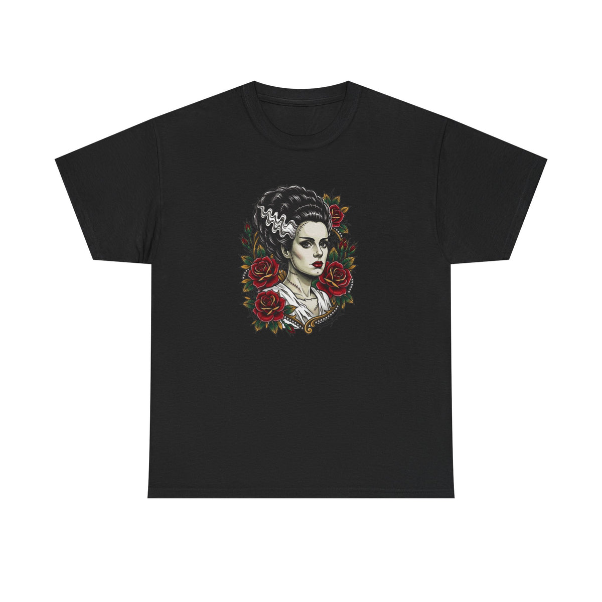 Bride of Frankenstein Tee — Gothic Portrait with Red Roses