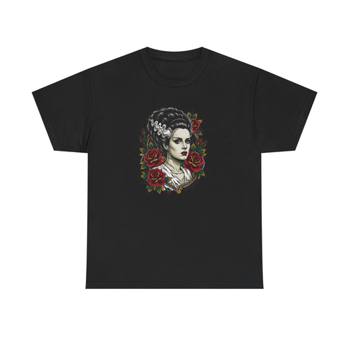 Bride of Frankenstein Tee — Gothic Portrait with Red Roses