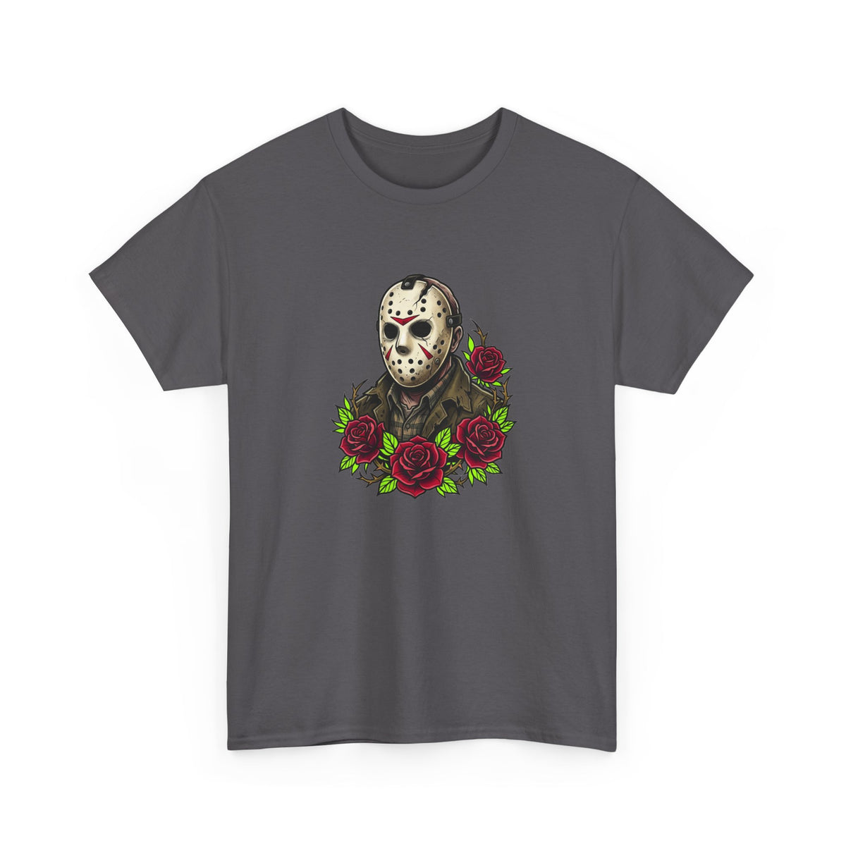 Horror Mask & Roses Tee — Jason-Inspired Skull Mask Graphic T-Shirt for Horror Fans