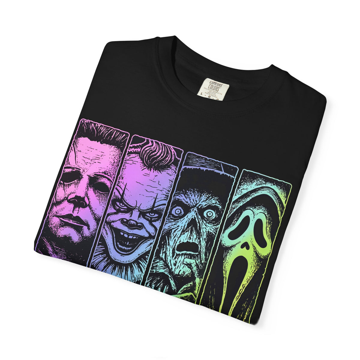 Spooky Season Horror Icons T-Shirt — Neon Slasher Mask Tee