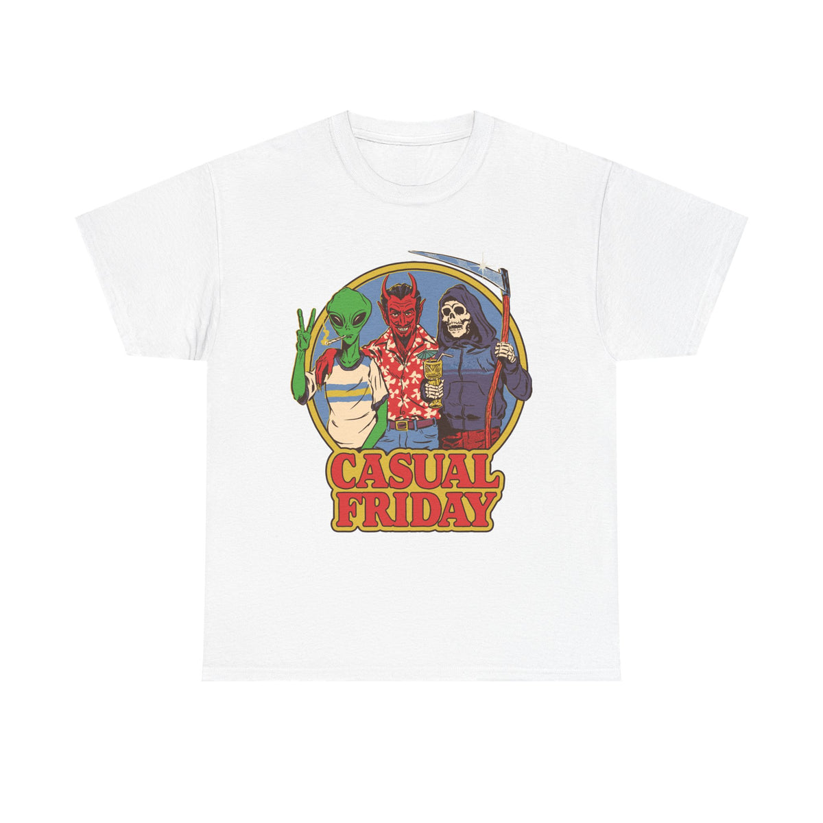 Casual Friday Tee — Alien, Devil & Grim Reaper Retro Graphic Shirt