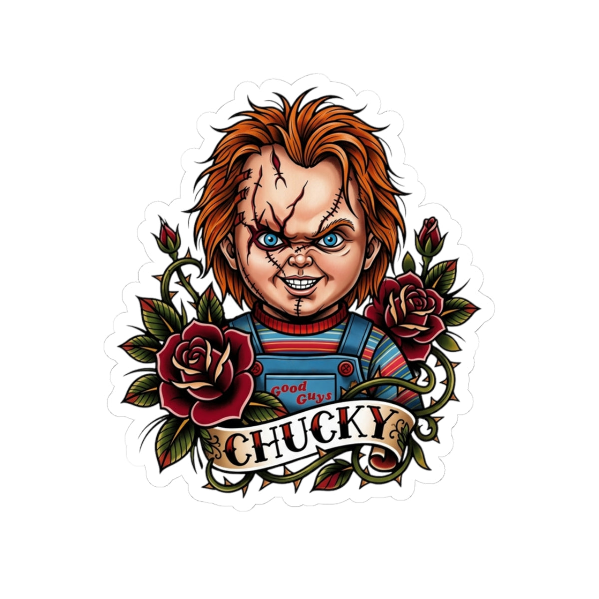 Chucky Horror Doll Kiss-Cut Sticker — Vintage Tattoo Style Decorative Decal