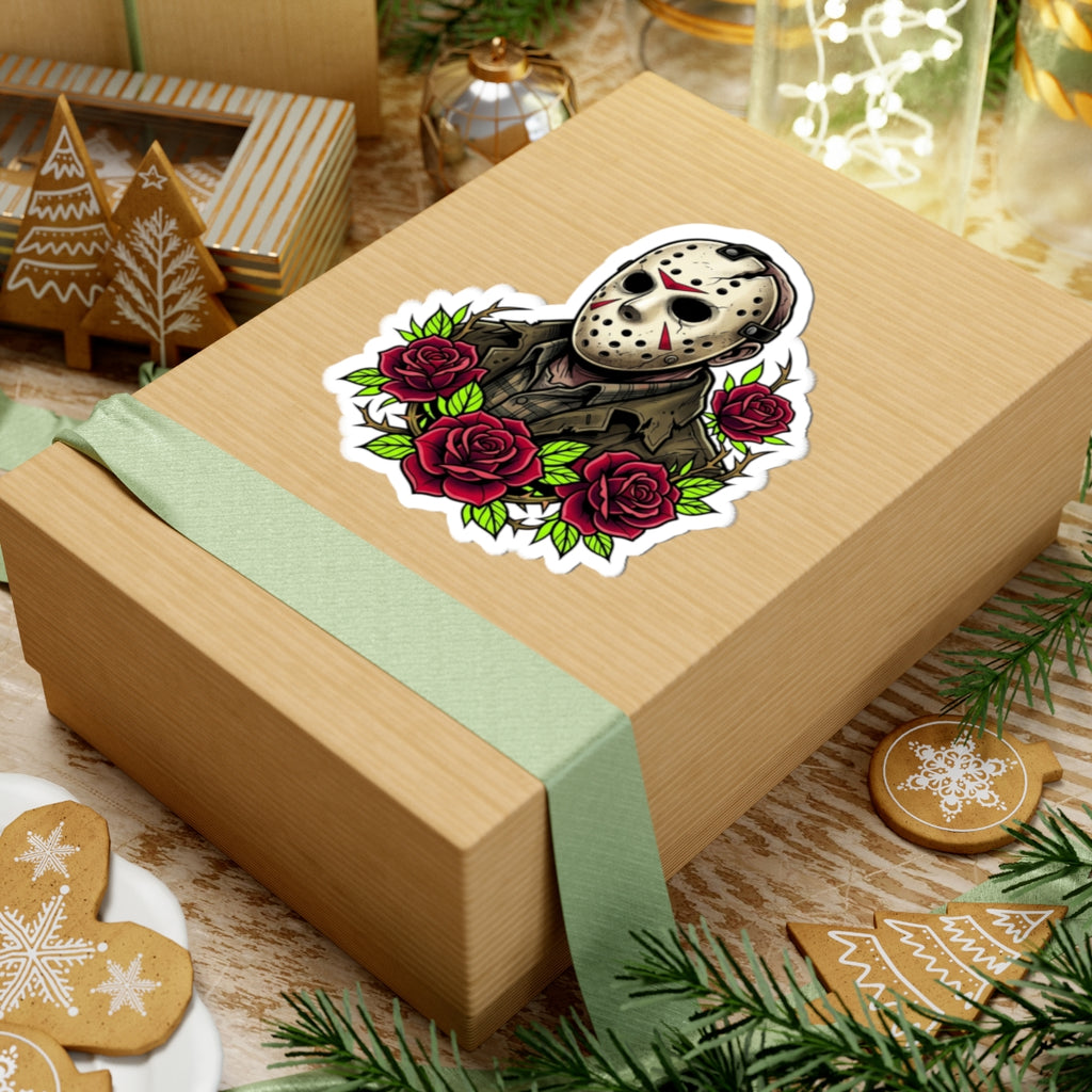Horror Mask Sticker — Jason Mask with Red Roses Kiss-Cut Sticker