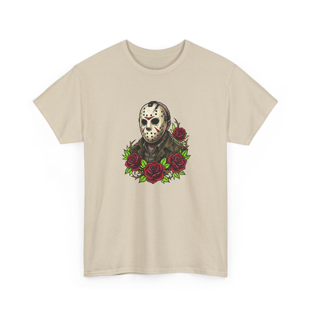 Horror Mask & Roses Tee — Jason-Inspired Skull Mask Graphic T-Shirt for Horror Fans