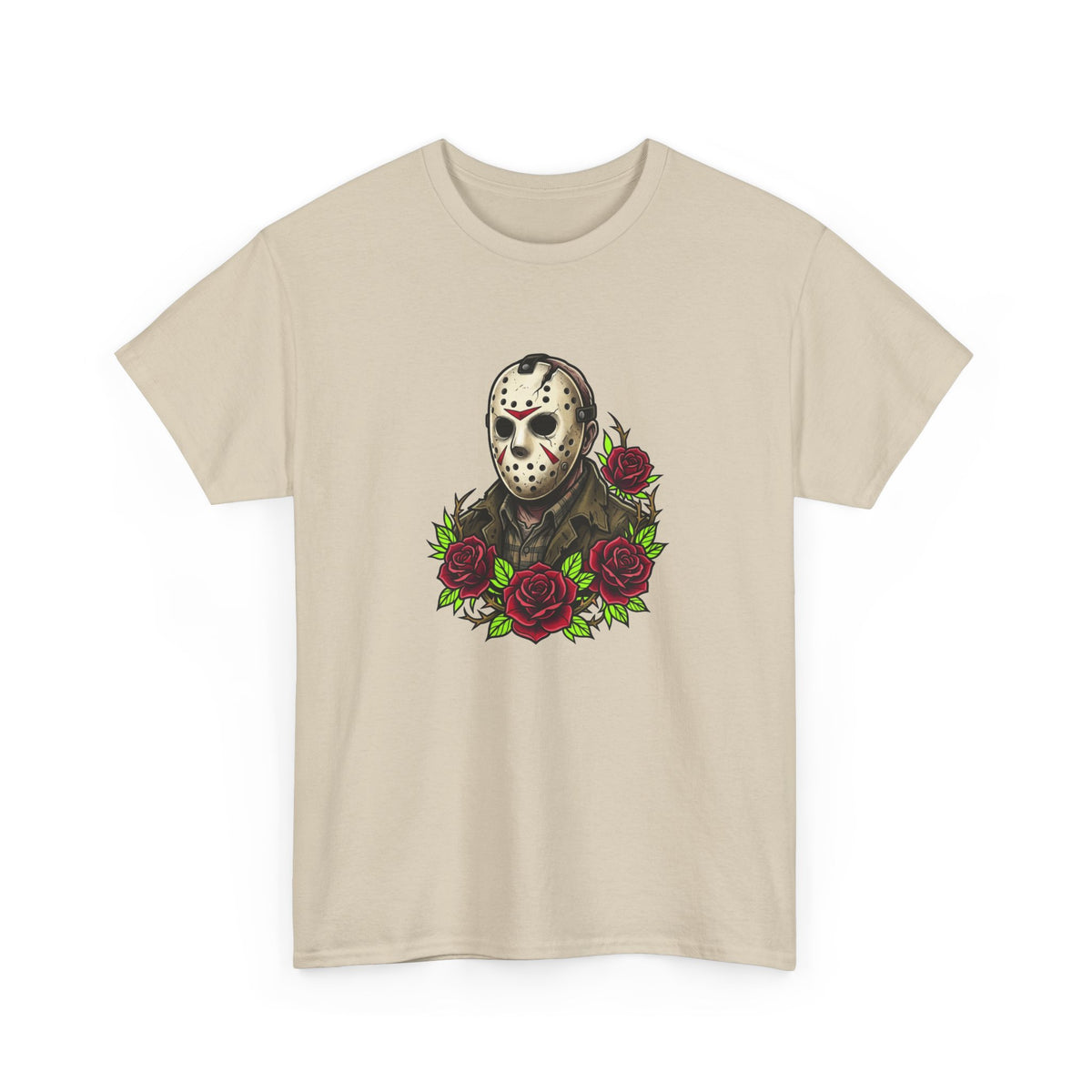 Horror Mask & Roses Tee — Jason-Inspired Skull Mask Graphic T-Shirt for Horror Fans