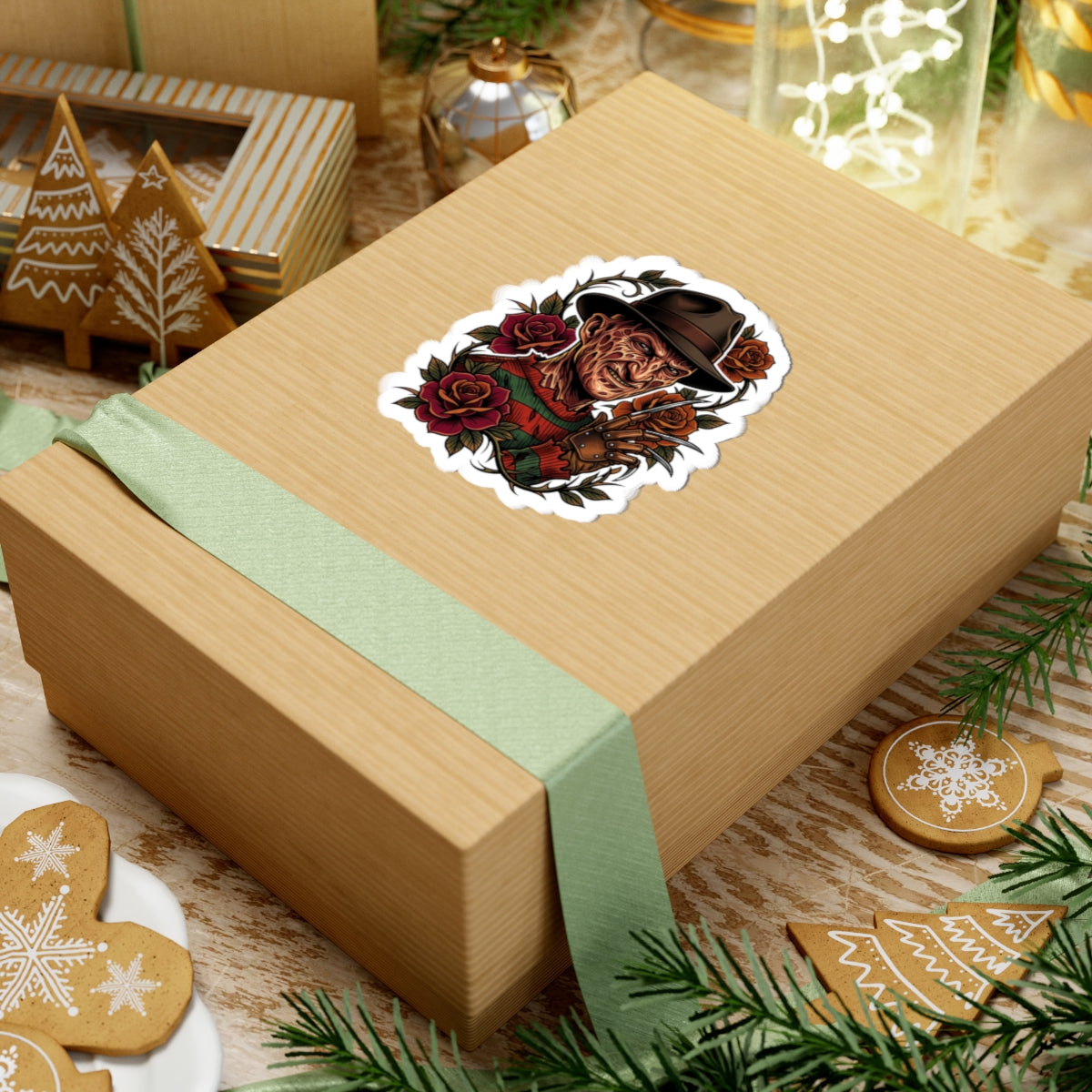 Horror Icon Kiss-Cut Sticker — Freddy Krueger-Inspired Design with Roses