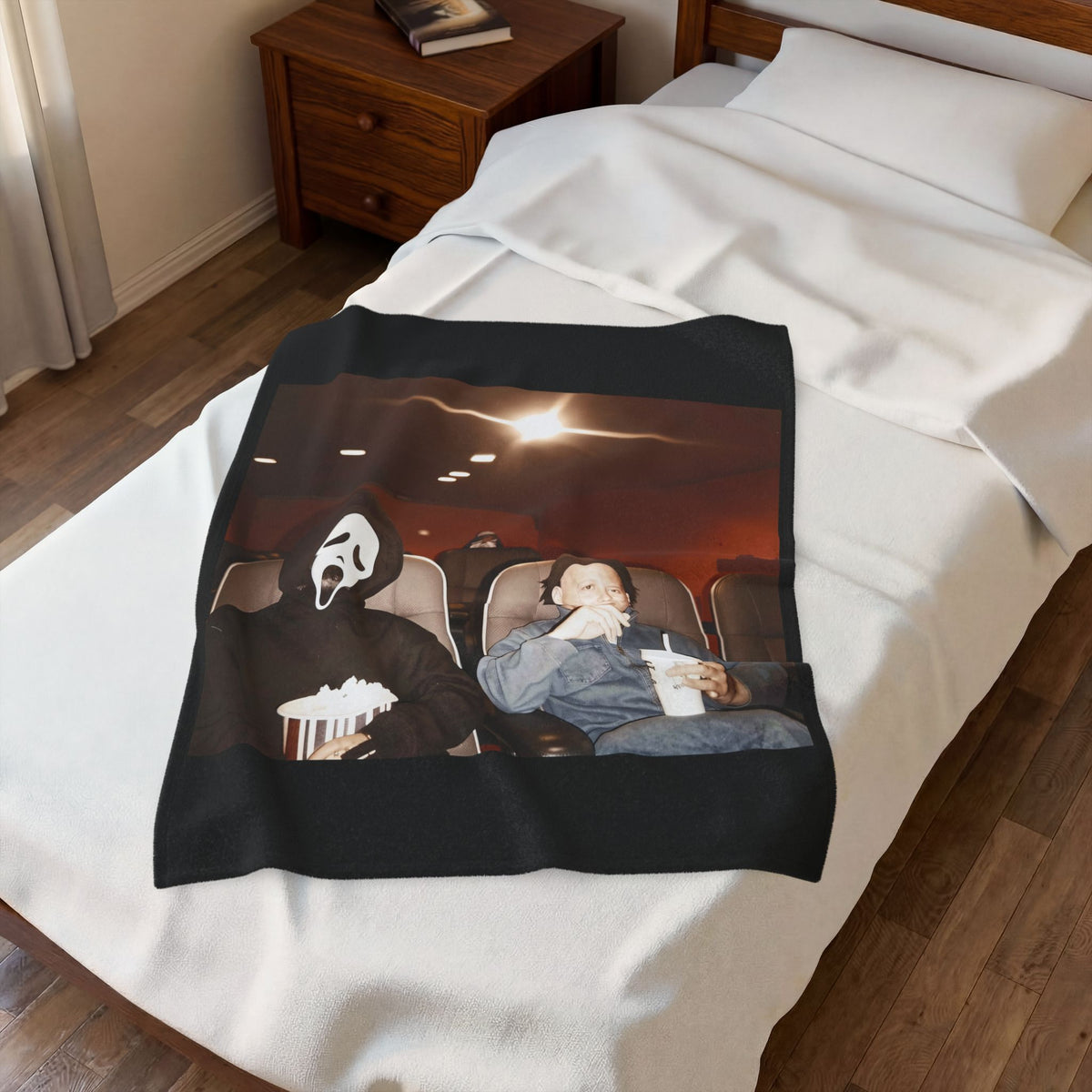 Horror Movie Night Velveteen Plush Blanket – Scream Mask Popcorn Design
