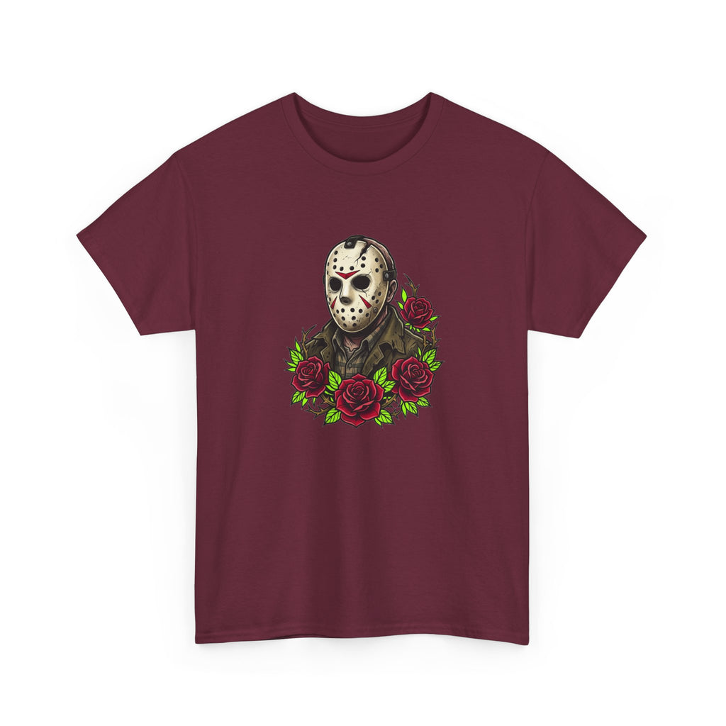 Horror Mask & Roses Tee — Jason-Inspired Skull Mask Graphic T-Shirt for Horror Fans