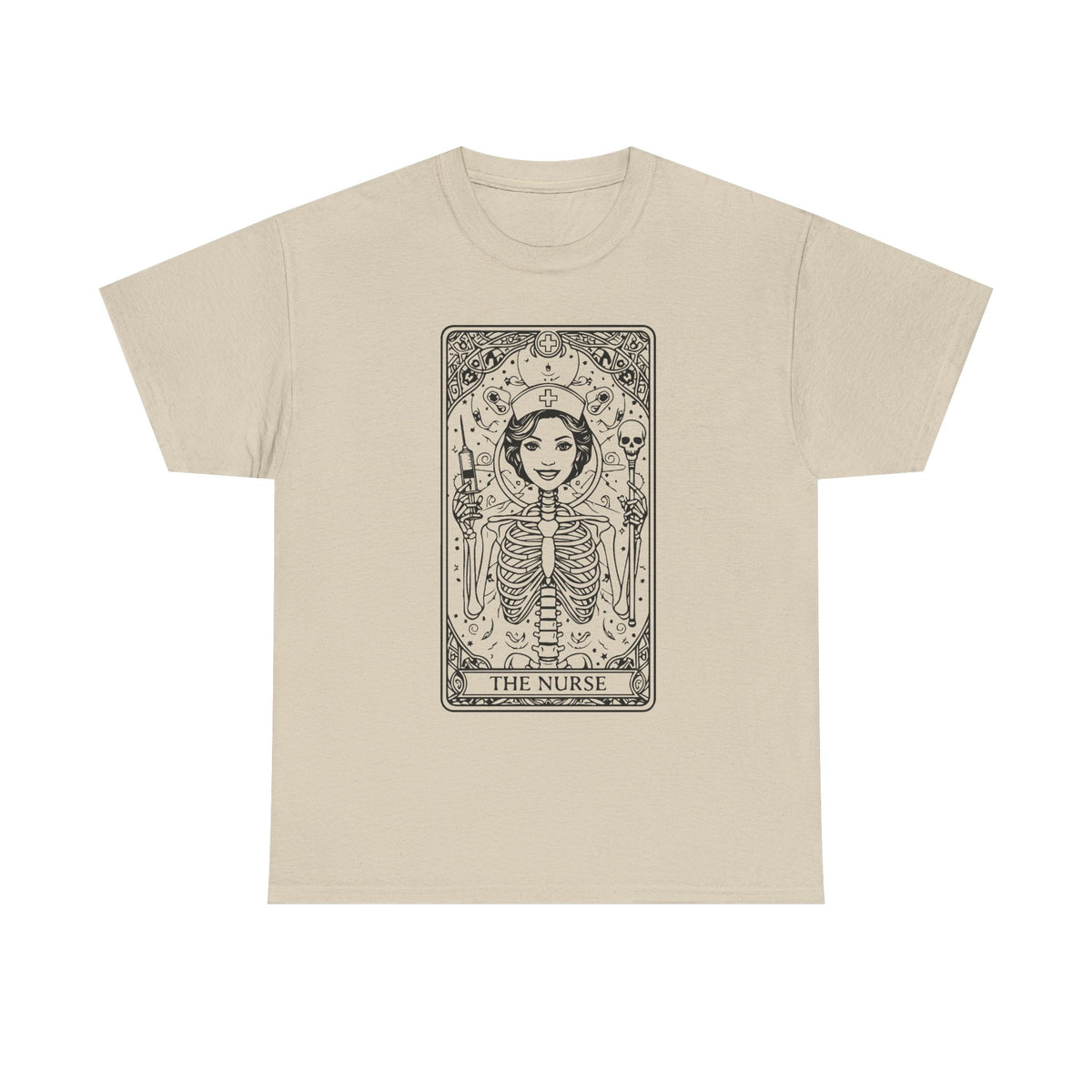 Tarot Nurse Graphic Tee — 'The Nurse' Skeleton Card T-Shirt