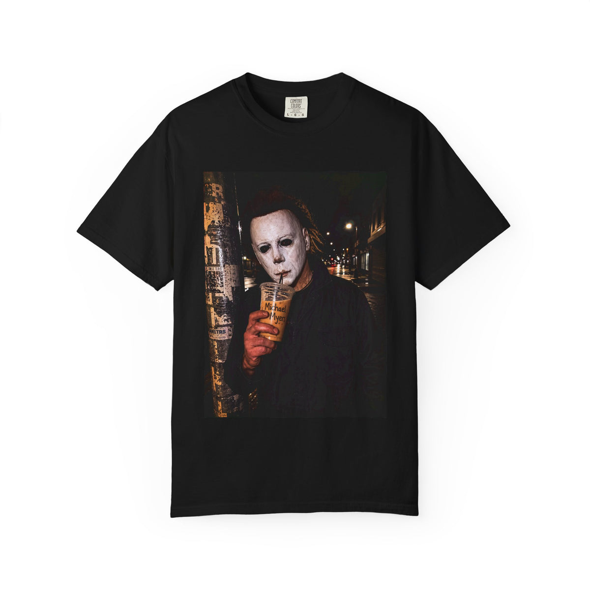 Horror Mask Photo T-Shirt — Michael-Style Mask Drinking Design