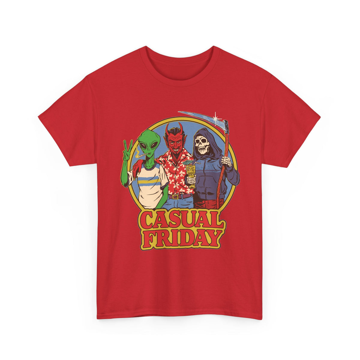 Casual Friday Tee — Alien, Devil & Grim Reaper Retro Graphic Shirt