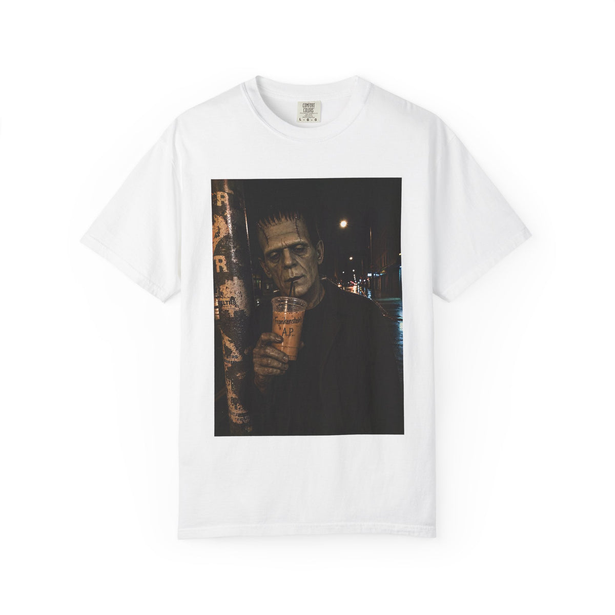 Frankenstein Nightlife Graphic T‑Shirt — Vintage Monster Drinking Photo Tee