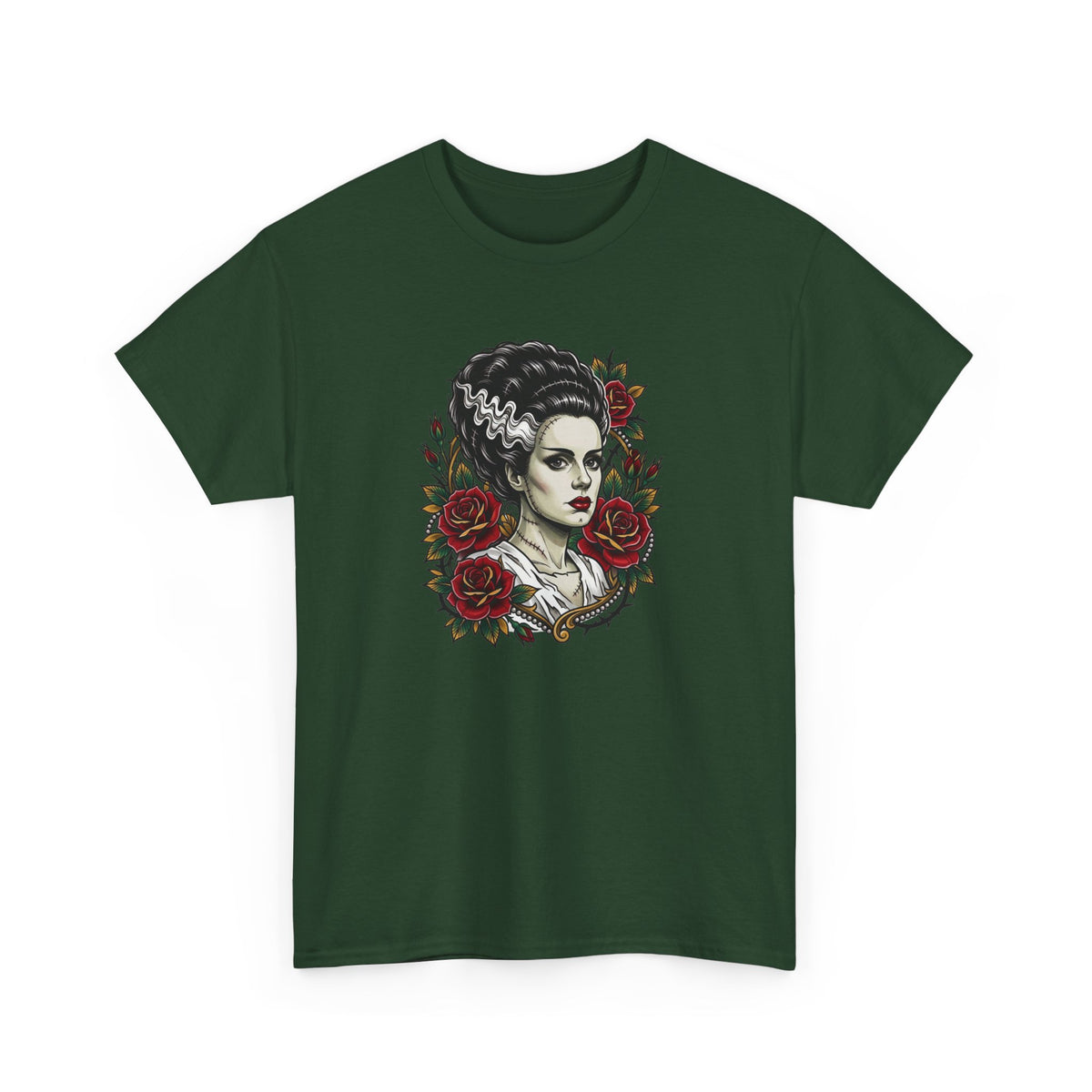Bride of Frankenstein Tee — Gothic Portrait with Red Roses