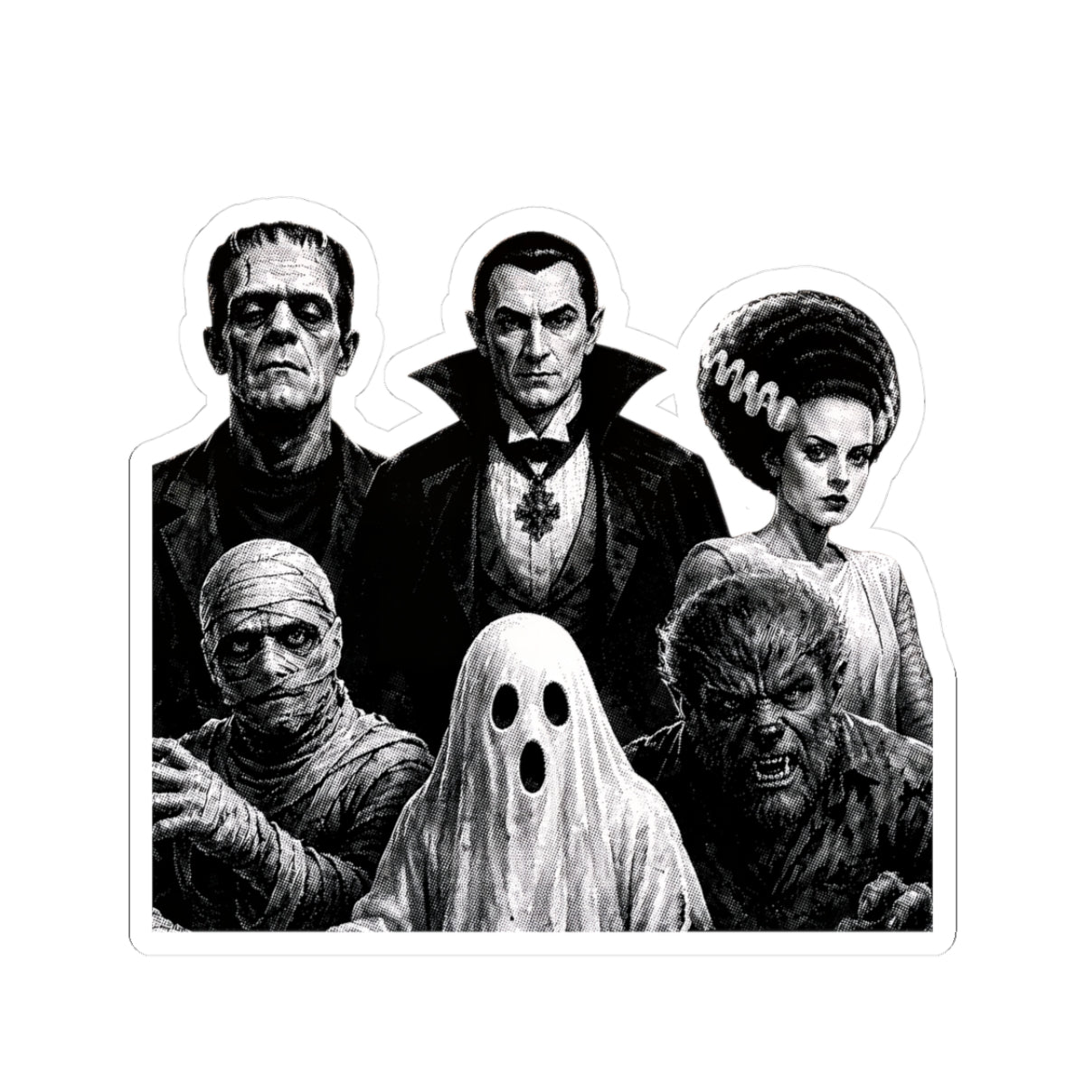 Classic Horror Monsters Kiss-Cut Sticker — Vintage Dracula, Frankenstein, Bride, Mummy & Wolfman Decal