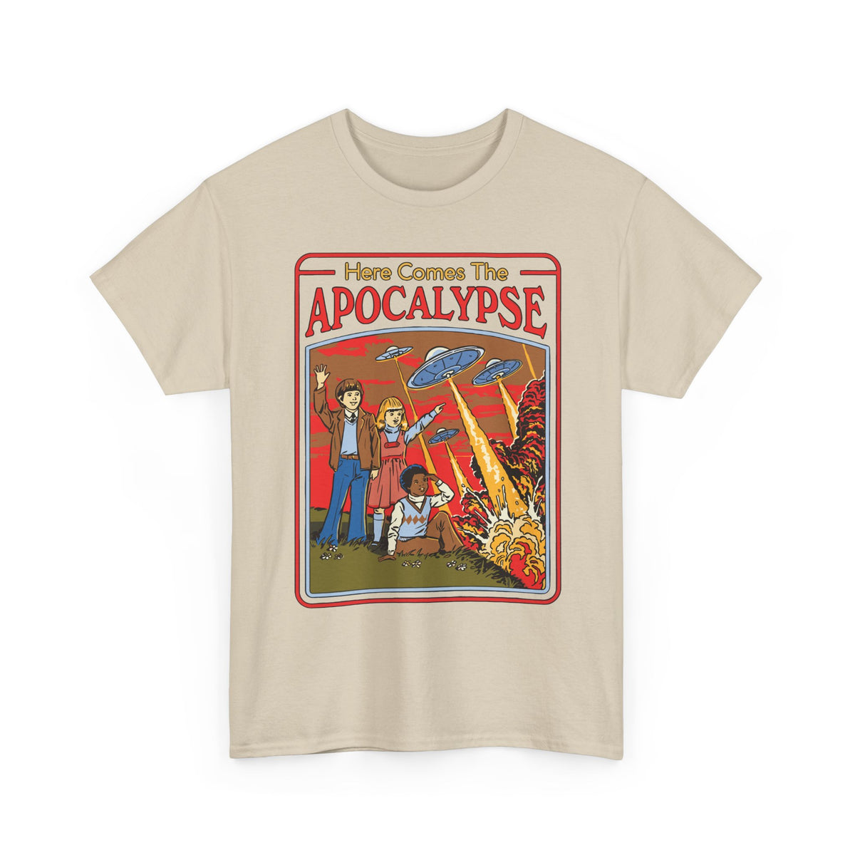 Apocalypse Comic Tee — "Here Comes The Apocalypse" Retro UFO Graphic Shirt