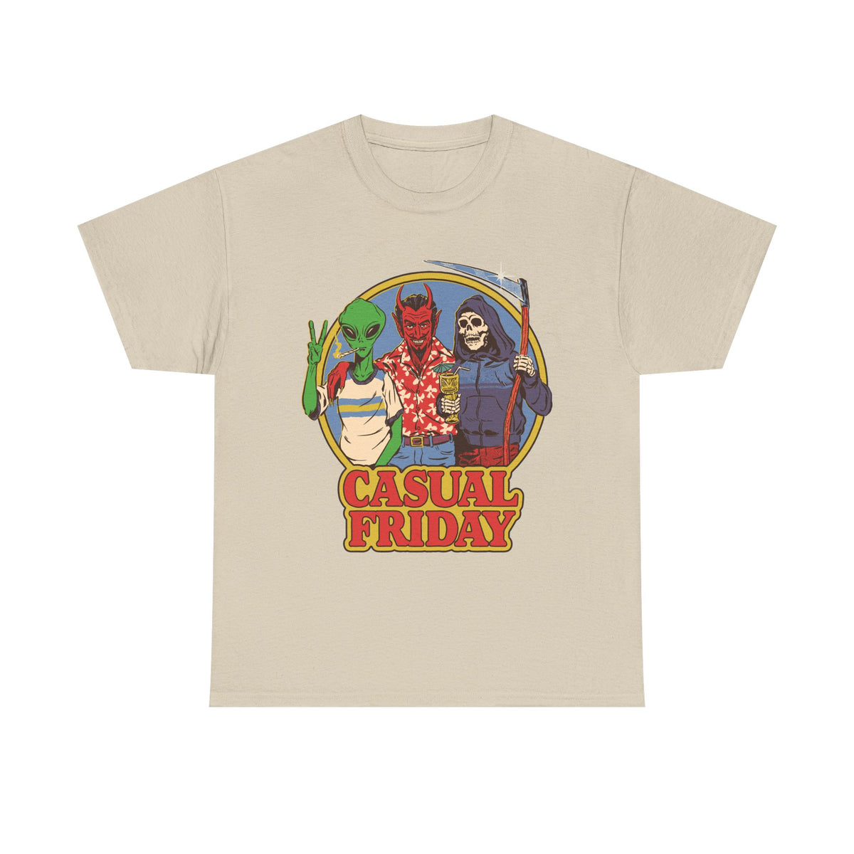Casual Friday Tee — Alien, Devil & Grim Reaper Retro Graphic Shirt