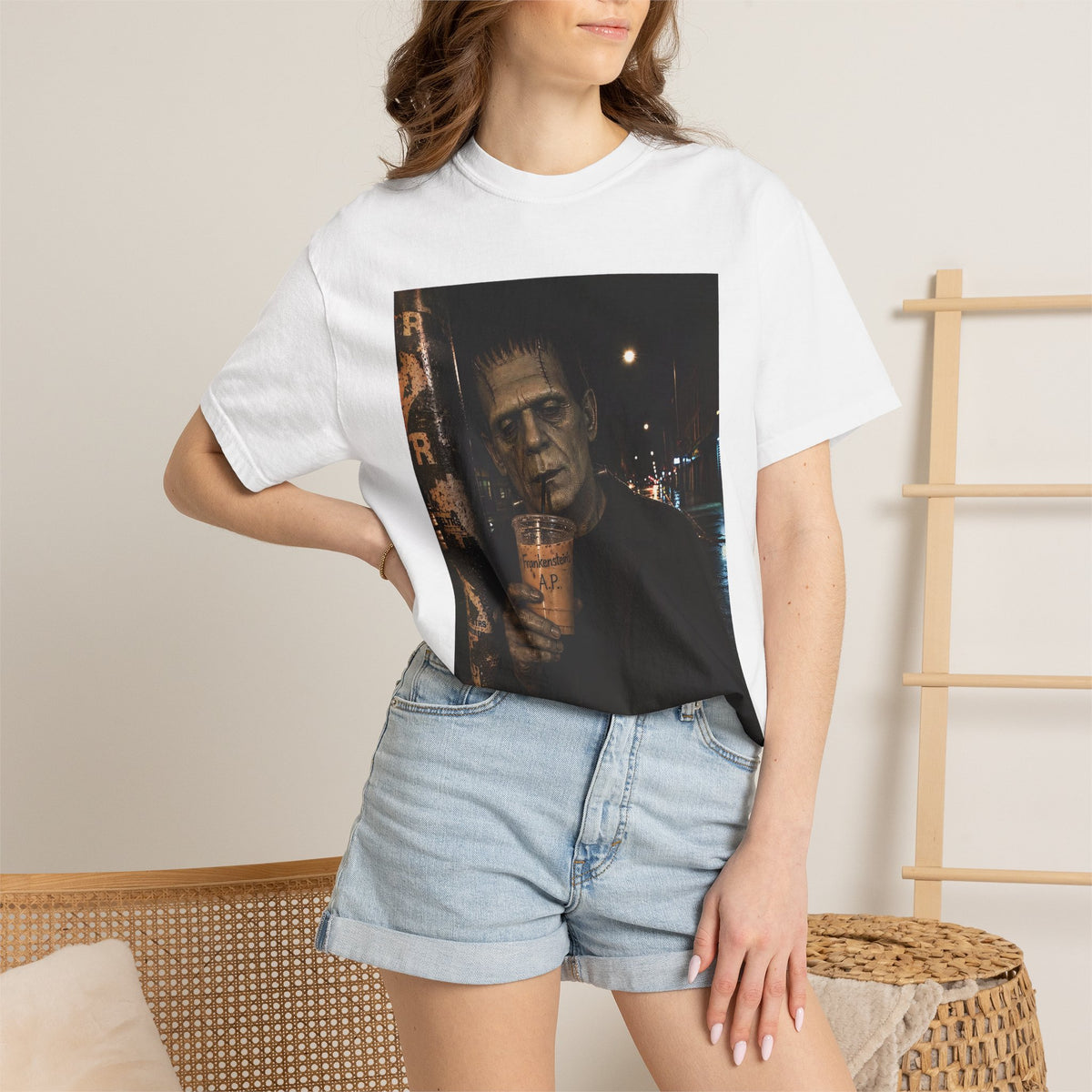 Frankenstein Nightlife Graphic T‑Shirt — Vintage Monster Drinking Photo Tee