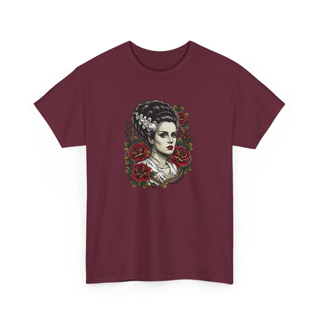Bride of Frankenstein Tee — Gothic Portrait with Red Roses