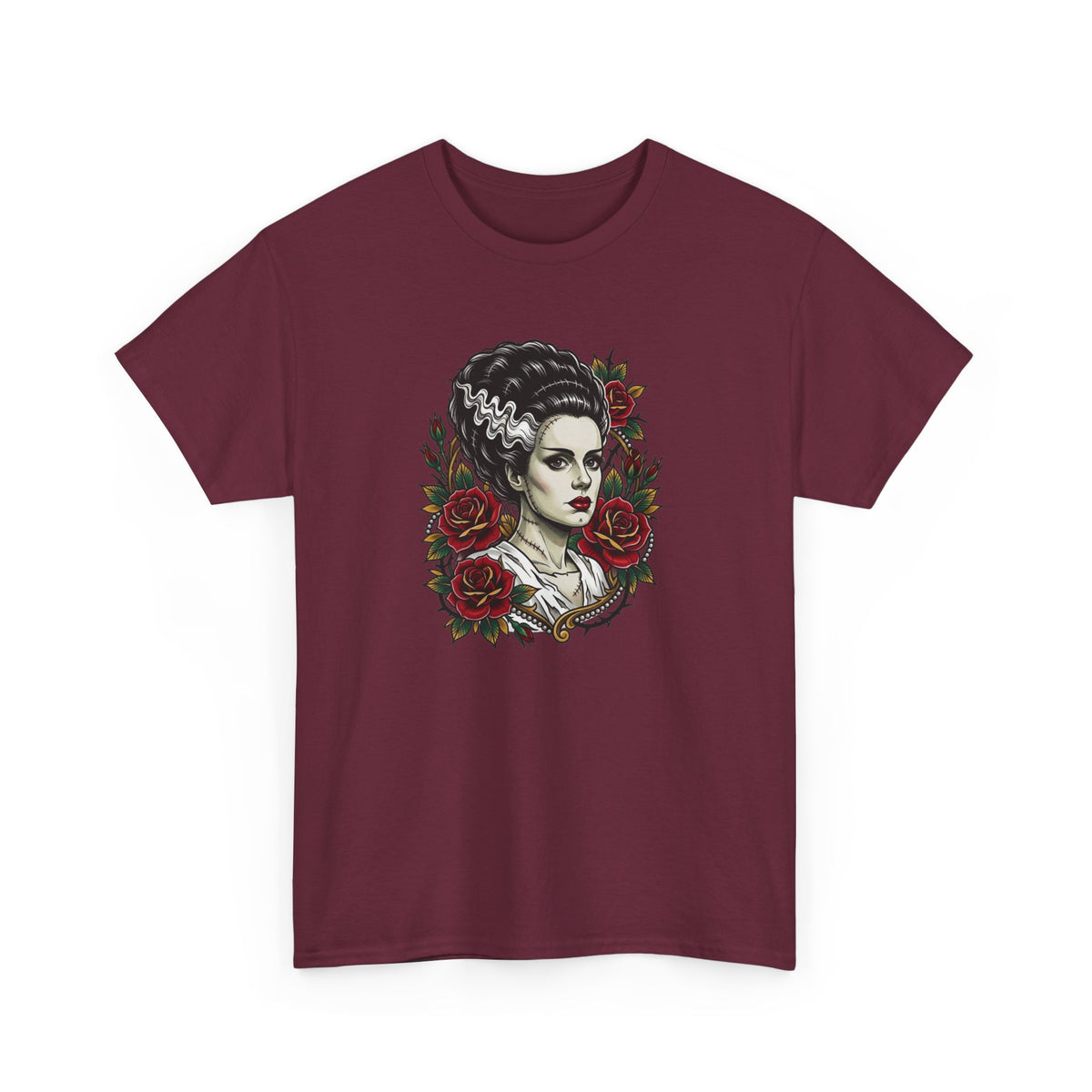 Bride of Frankenstein Tee — Gothic Portrait with Red Roses