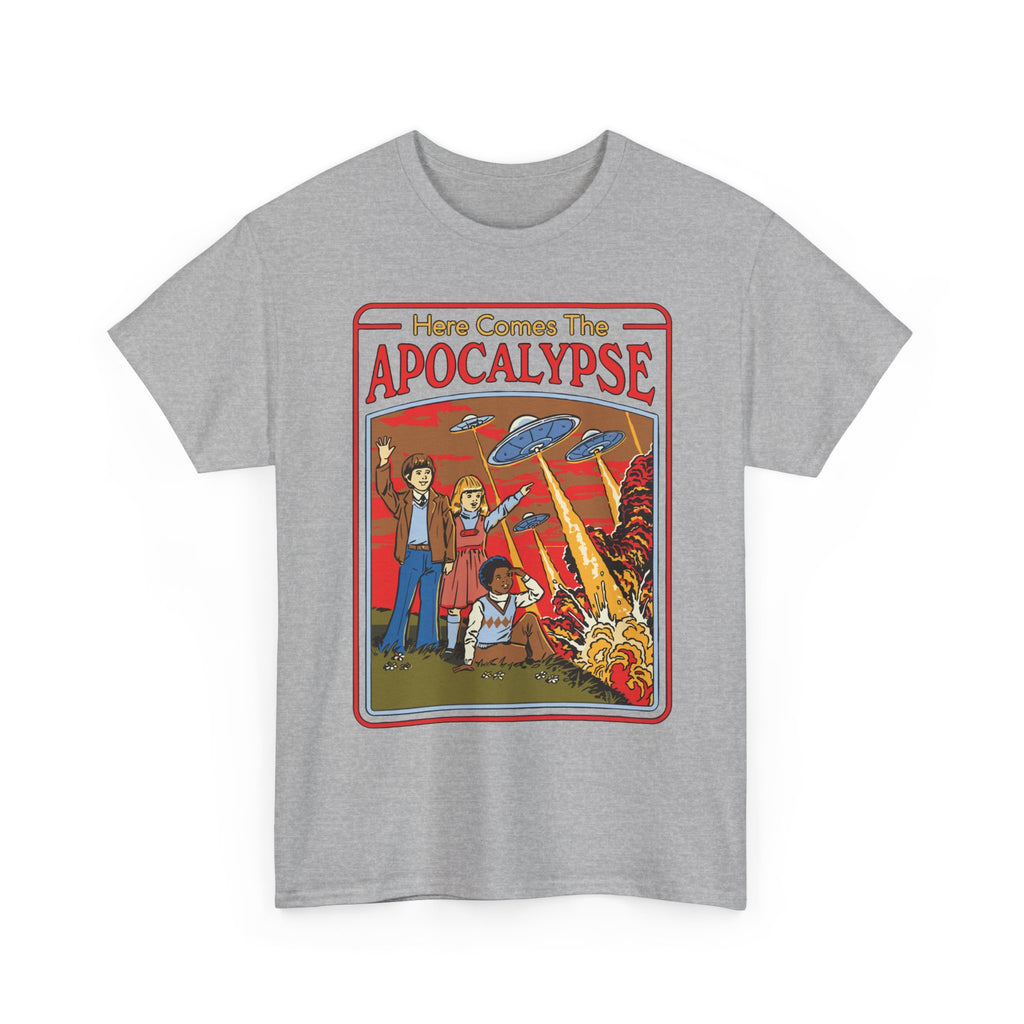 Apocalypse Comic Tee — "Here Comes The Apocalypse" Retro UFO Graphic Shirt