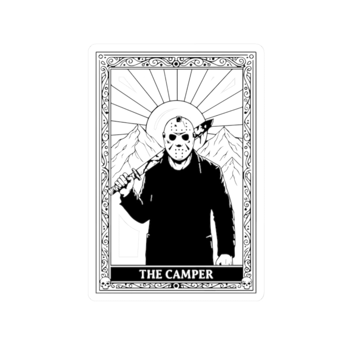 Horror Camper Kiss-Cut Sticker — Jason-Style Camping Tarot Design