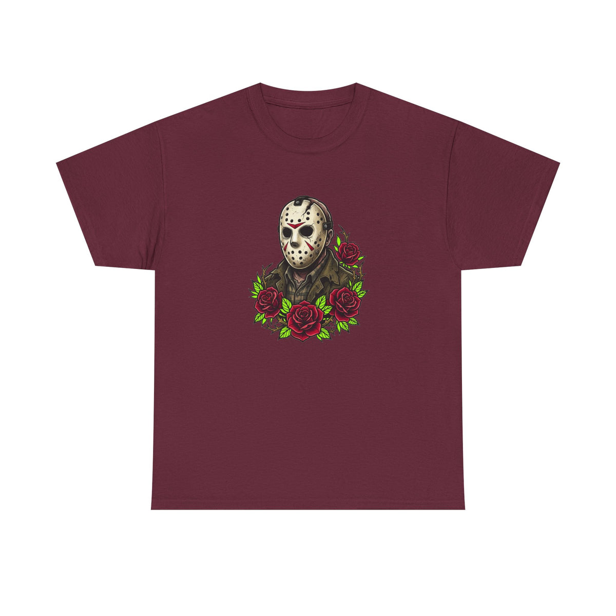 Horror Mask & Roses Tee — Jason-Inspired Skull Mask Graphic T-Shirt for Horror Fans