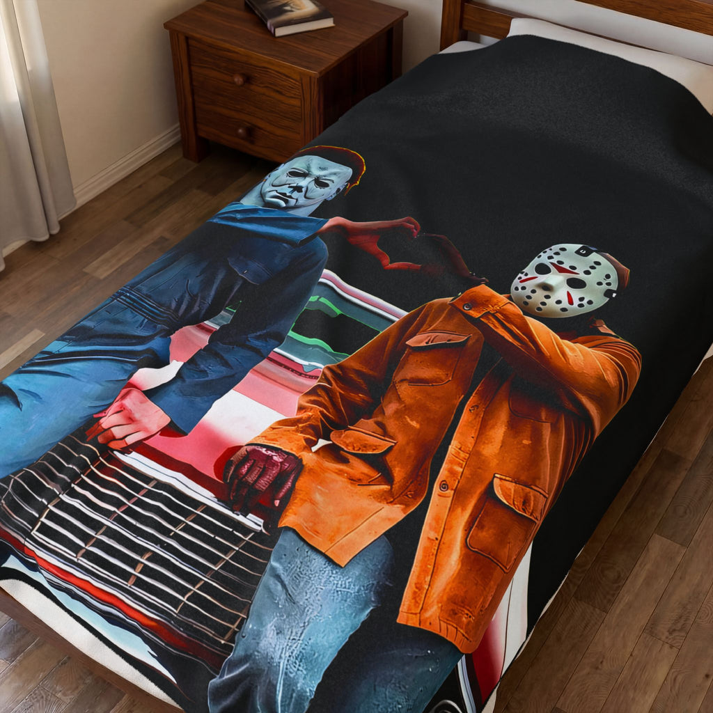 Horror Duo Velveteen Plush Blanket – Michael Myers & Jason Heart Pose Throw