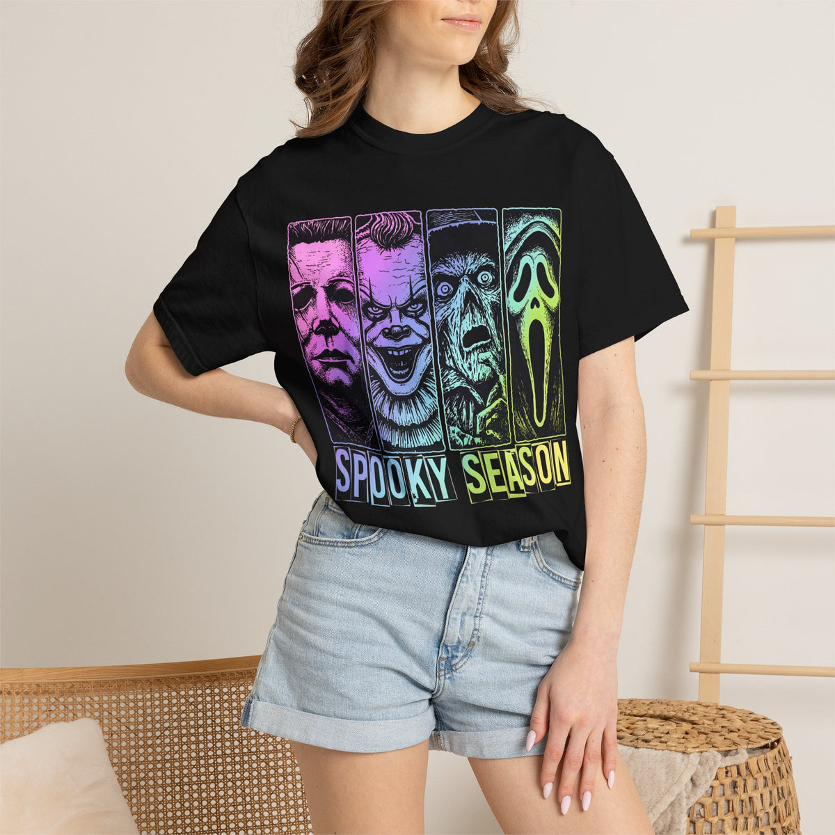 Spooky Season Horror Icons T-Shirt — Neon Slasher Mask Tee