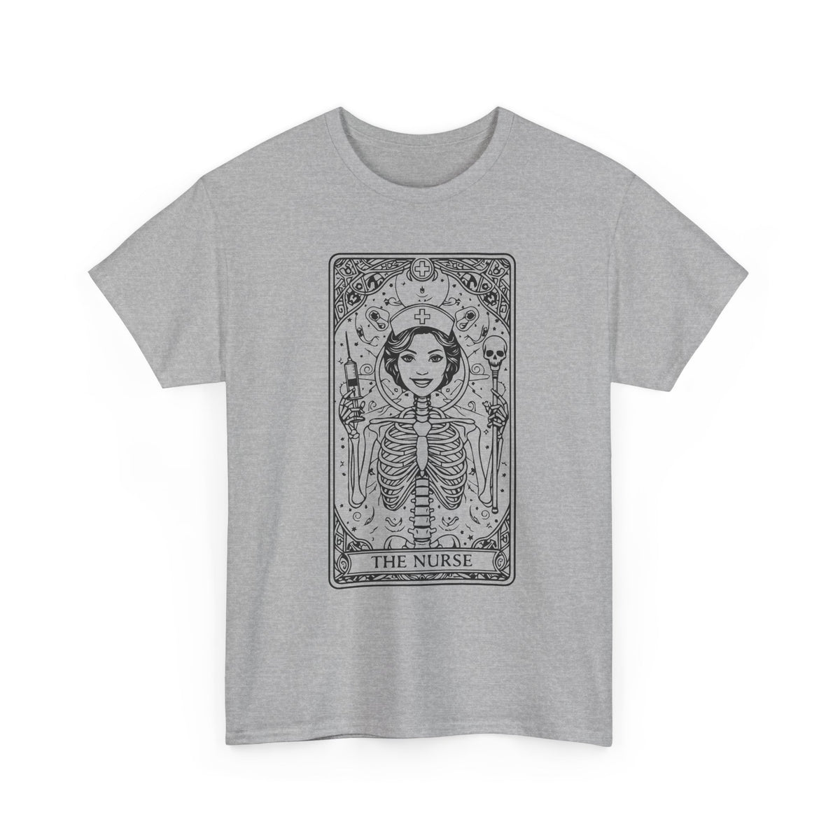 Tarot Nurse Graphic Tee — 'The Nurse' Skeleton Card T-Shirt