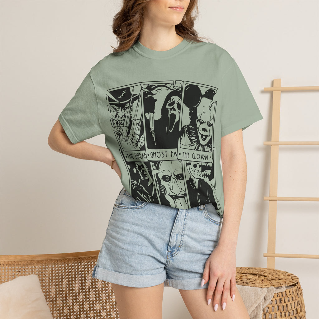 Horror Comic Panel T-Shirt — "The Dream, Ghost, Clown, Slasher, Puppet, Camper" Graphic Tee
