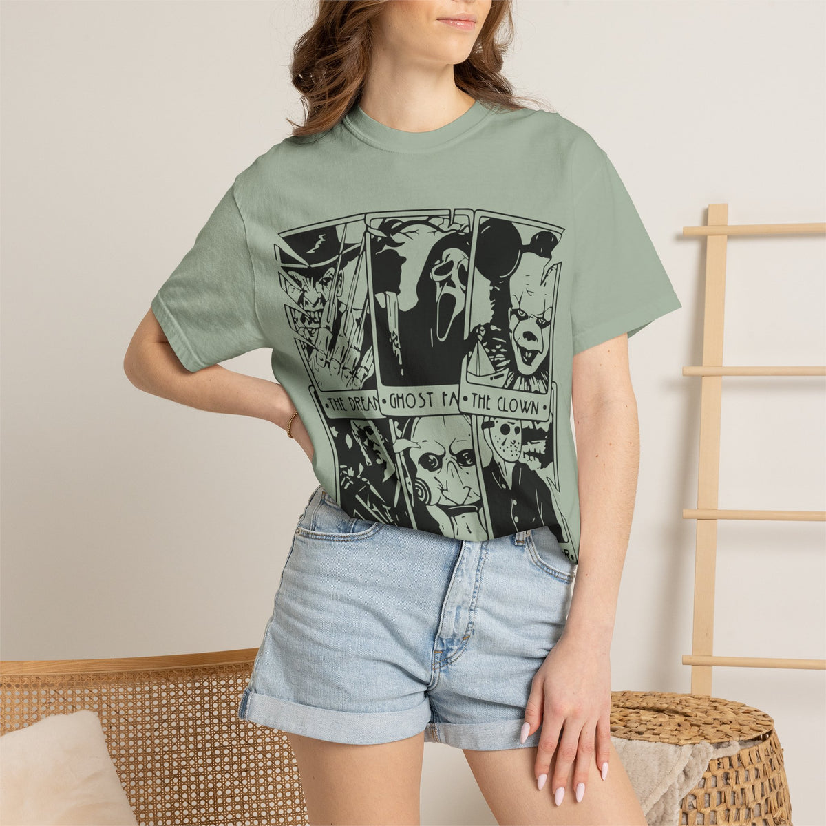 Horror Comic Panel T-Shirt — "The Dream, Ghost, Clown, Slasher, Puppet, Camper" Graphic Tee