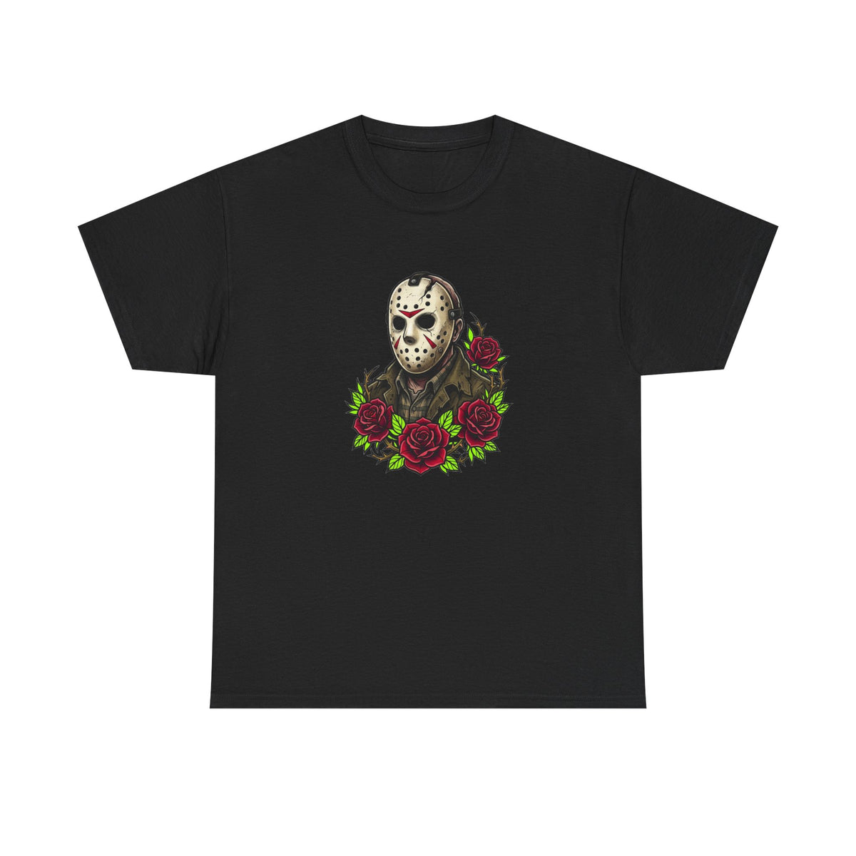 Horror Mask & Roses Tee — Jason-Inspired Skull Mask Graphic T-Shirt for Horror Fans