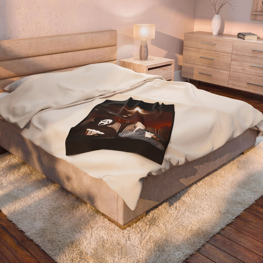 Horror Movie Night Velveteen Plush Blanket – Scream Mask Popcorn Design