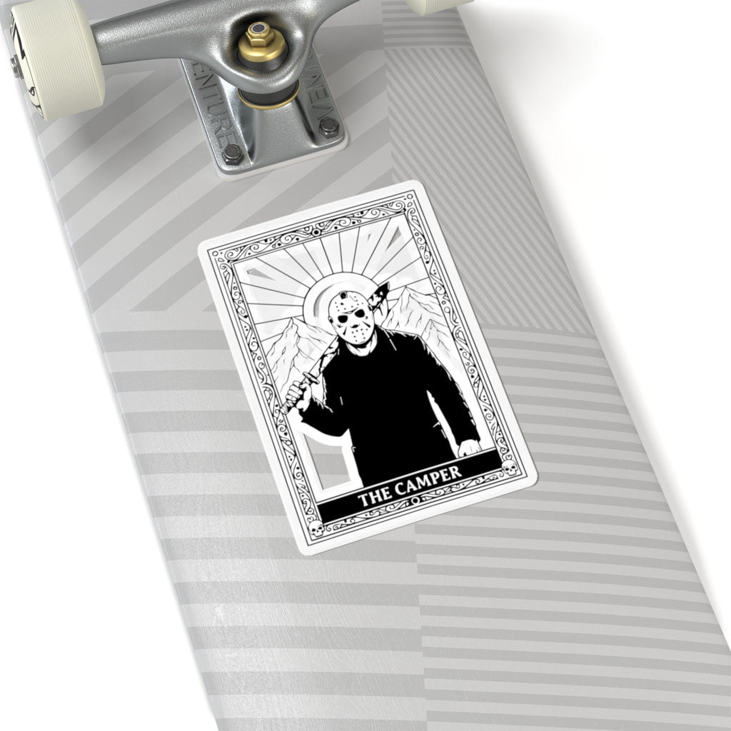 Horror Camper Kiss-Cut Sticker — Jason-Style Camping Tarot Design