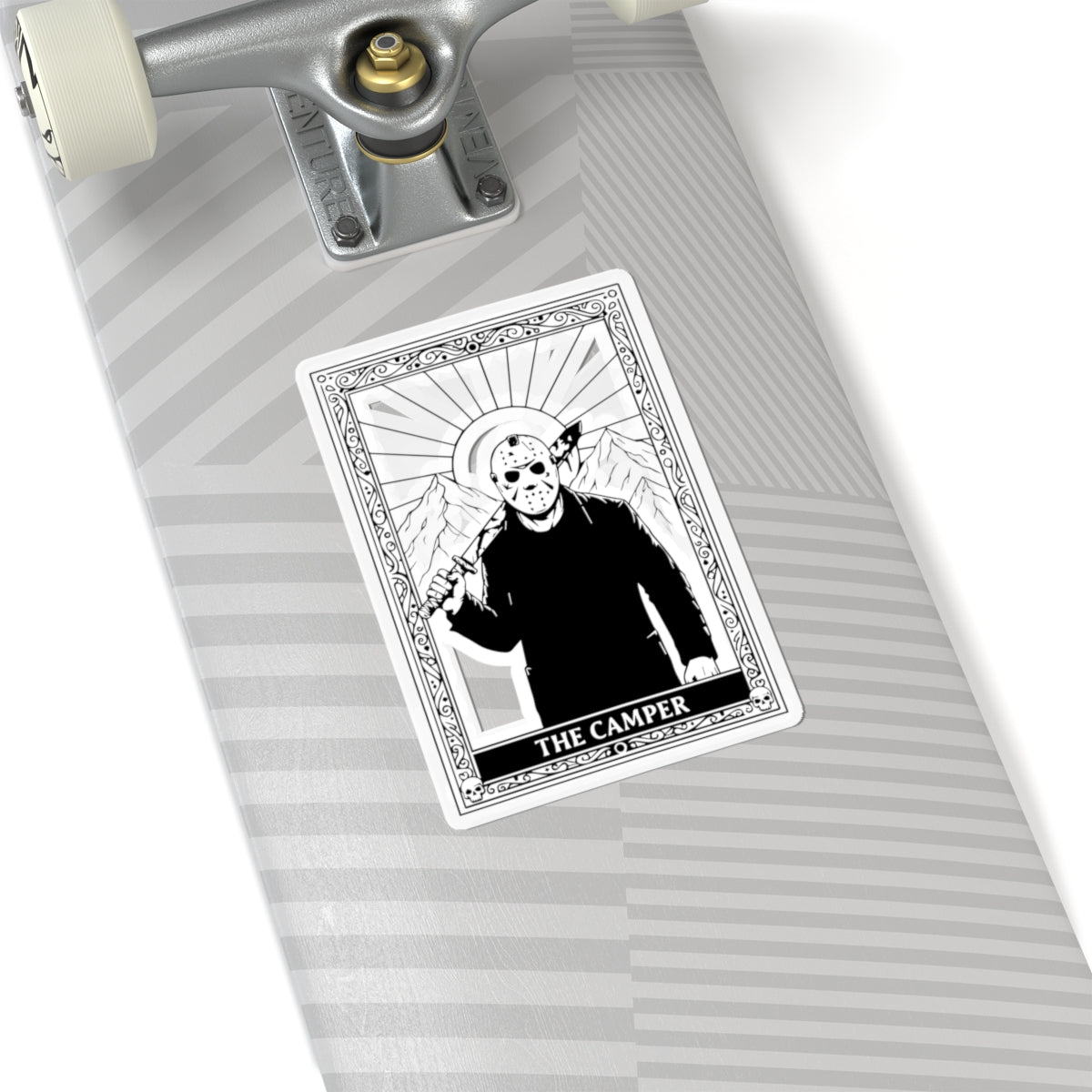 Horror Camper Kiss-Cut Sticker — Jason-Style Camping Tarot Design