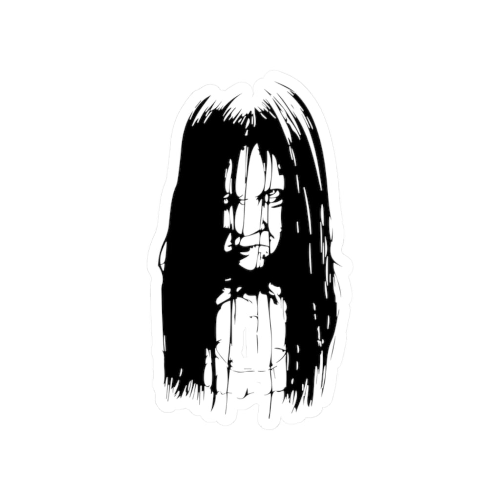 Creepy Girl Horror Sticker — Scary Black & White Kiss-Cut Decal for Laptops, Skateboards & Halloween