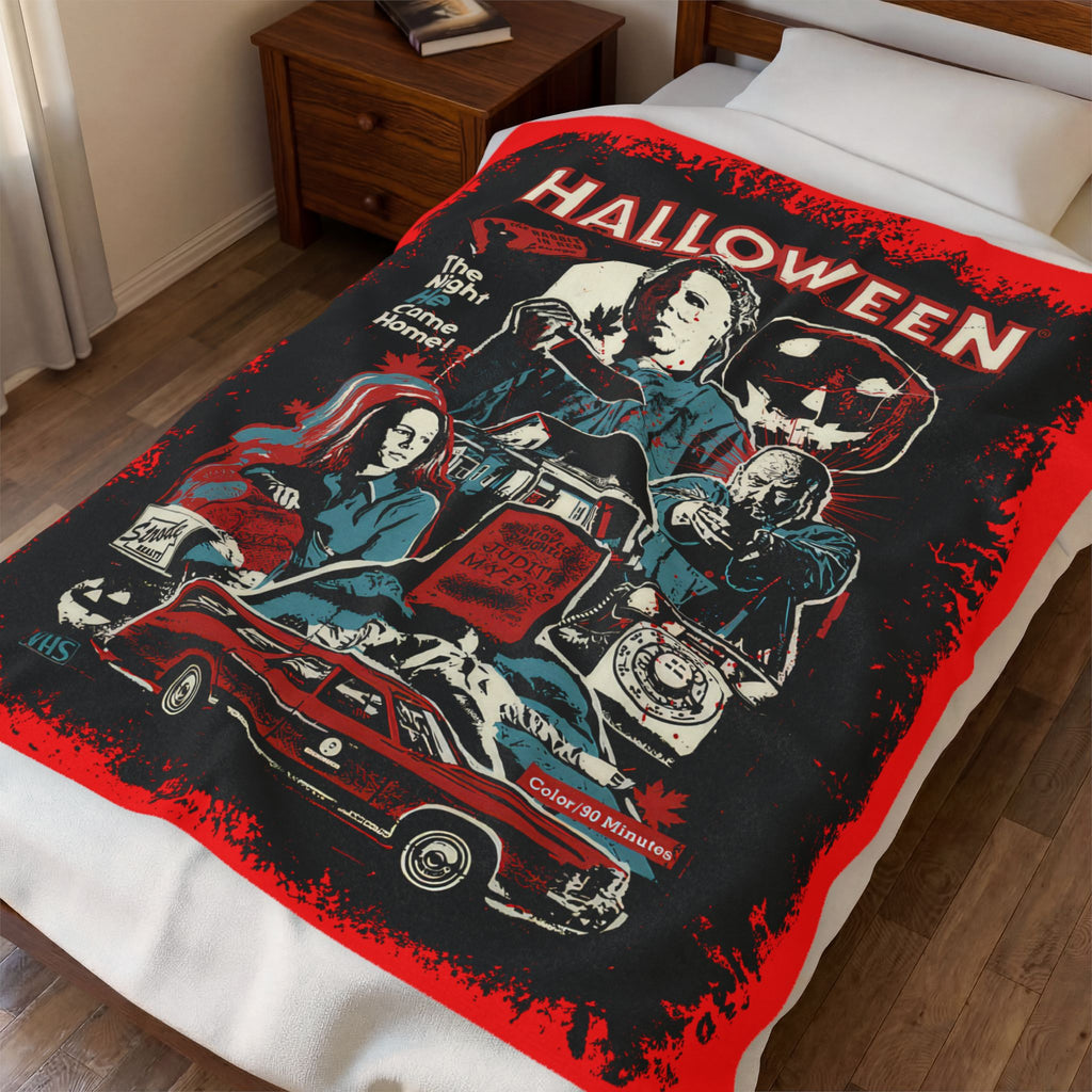 Halloween Movie Velveteen Plush Blanket – Retro Michael Myers Collage