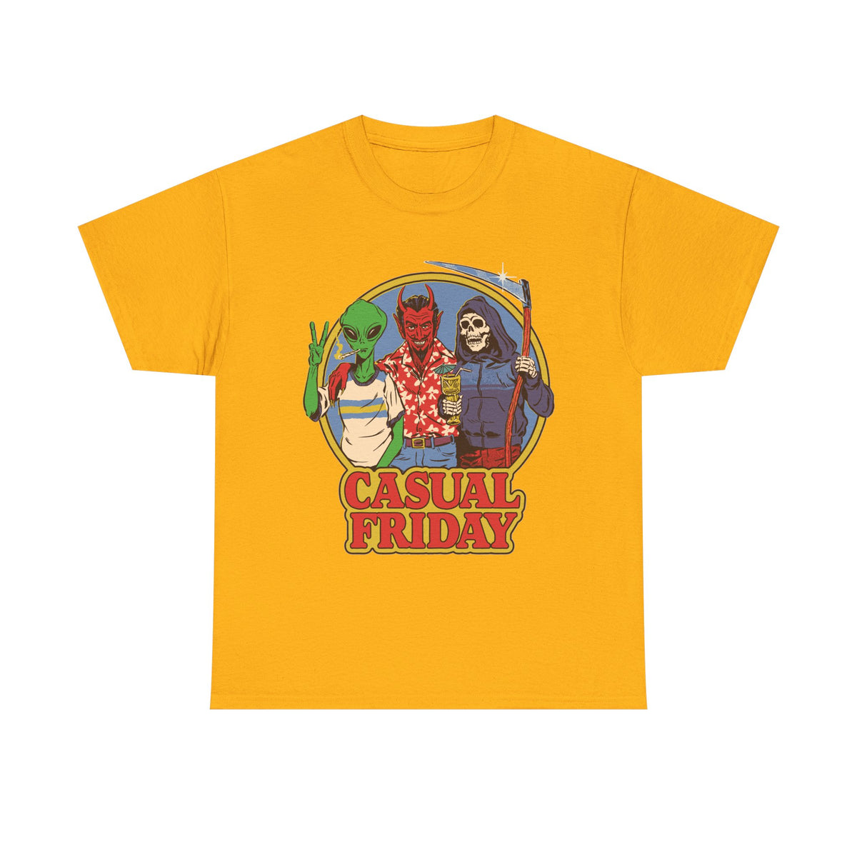 Casual Friday Tee — Alien, Devil & Grim Reaper Retro Graphic Shirt