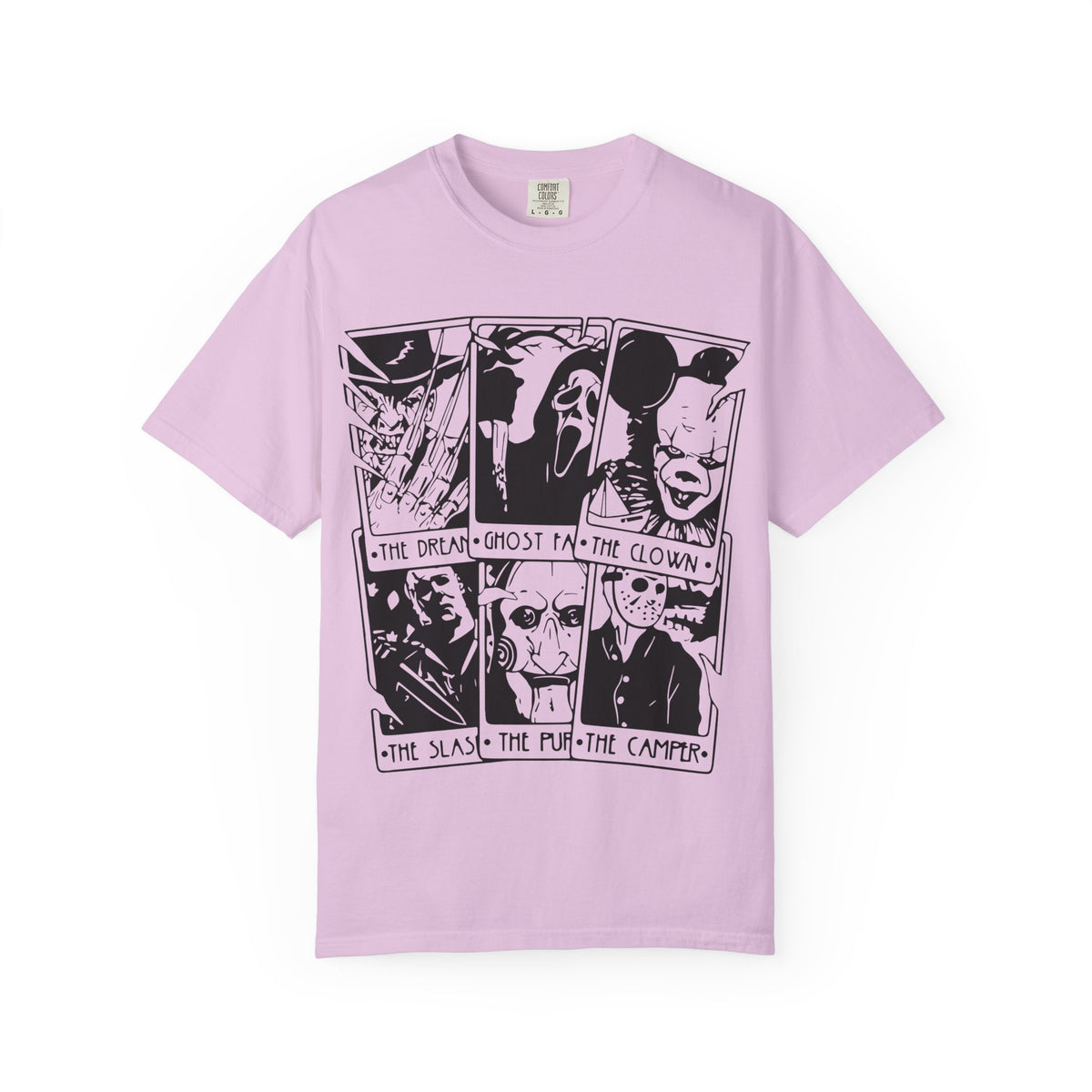 Horror Comic Panel T-Shirt — "The Dream, Ghost, Clown, Slasher, Puppet, Camper" Graphic Tee