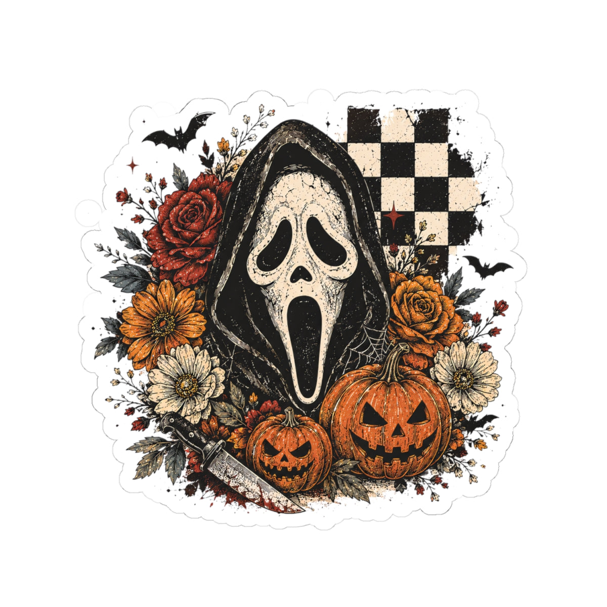Halloween Scream Mask Kiss-Cut Sticker – Spooky Pumpkins & Roses