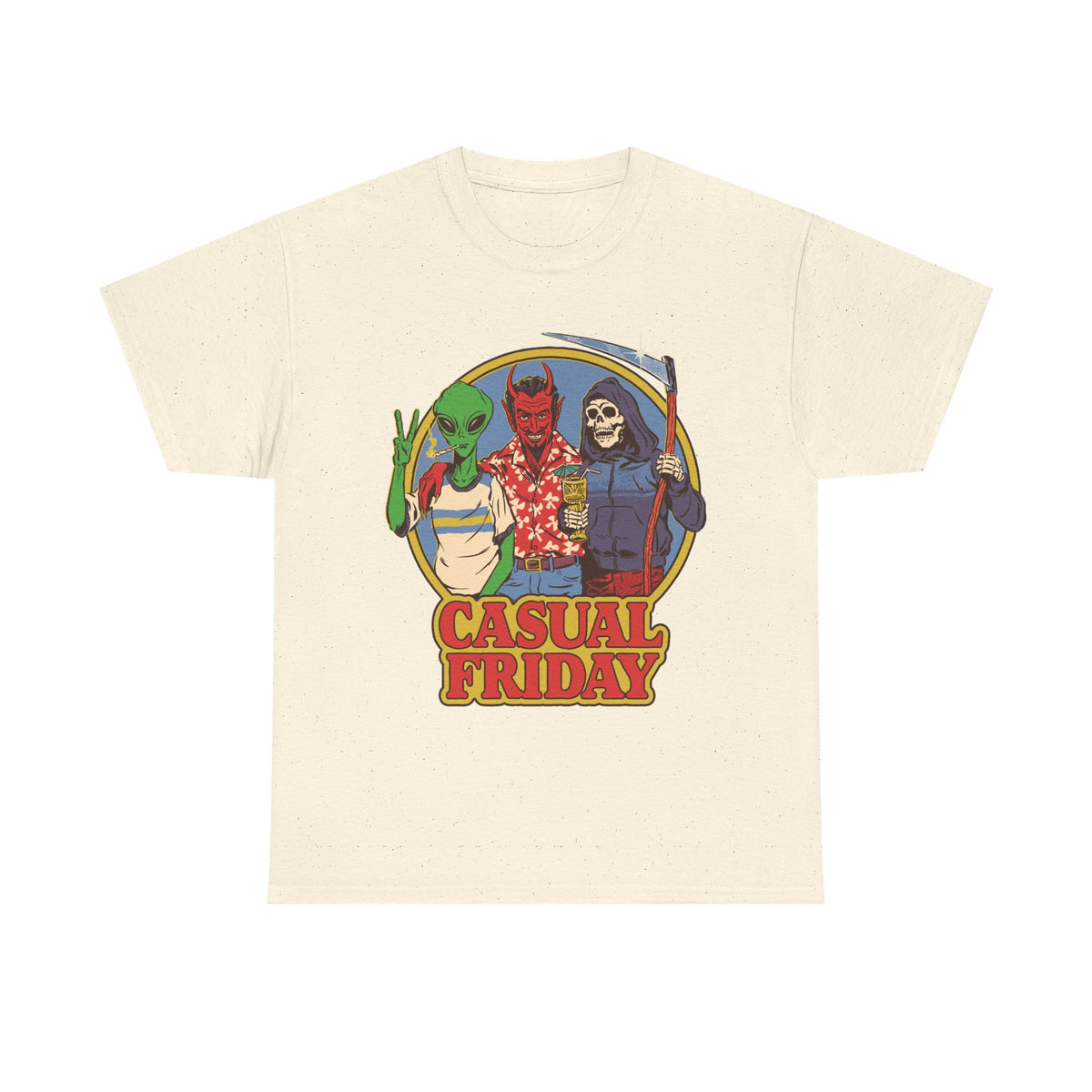 Casual Friday Tee — Alien, Devil & Grim Reaper Retro Graphic Shirt