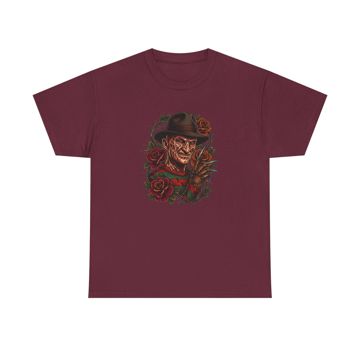 Horror Rose Tee — Vintage Freddy-Inspired Nightmare Skull Graphic T-Shirt