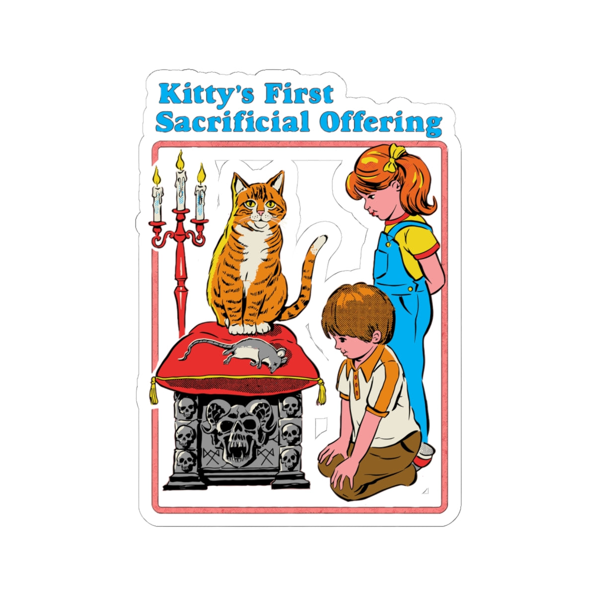 Kiss-Cut Sticker — "Kitty's First Sacrificial Offering" Retro Horror Cat Illustration