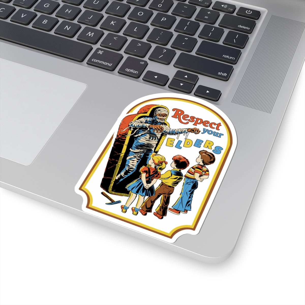 Respect Your Elders Sticker — Retro Halloween Mummy Kid Illustration (Kiss-Cut)