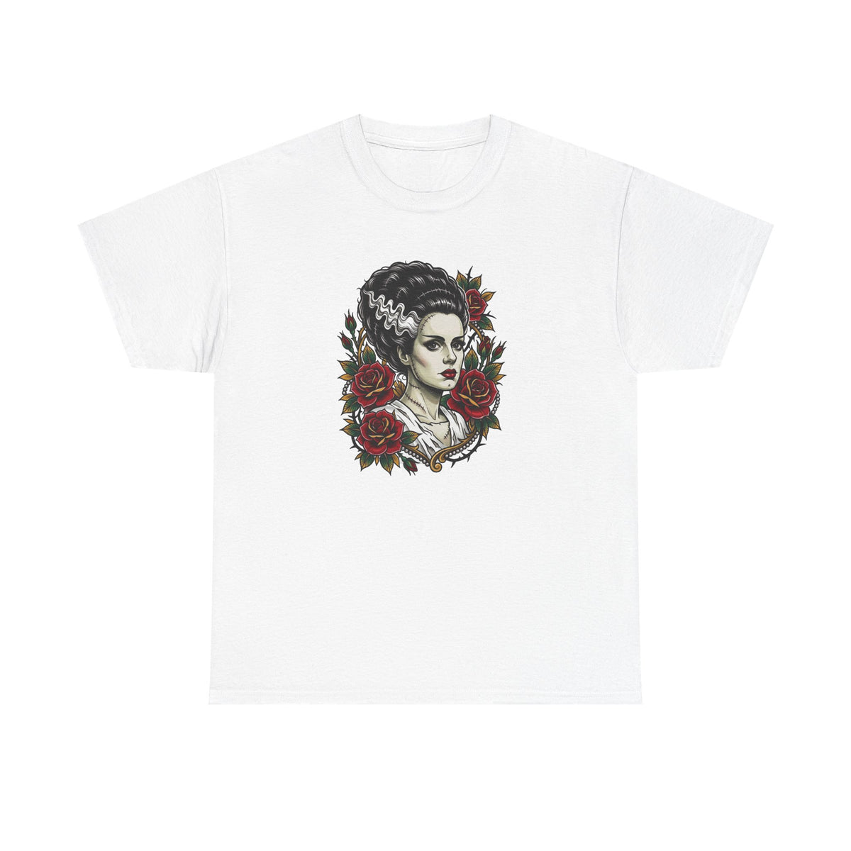 Bride of Frankenstein Tee — Gothic Portrait with Red Roses