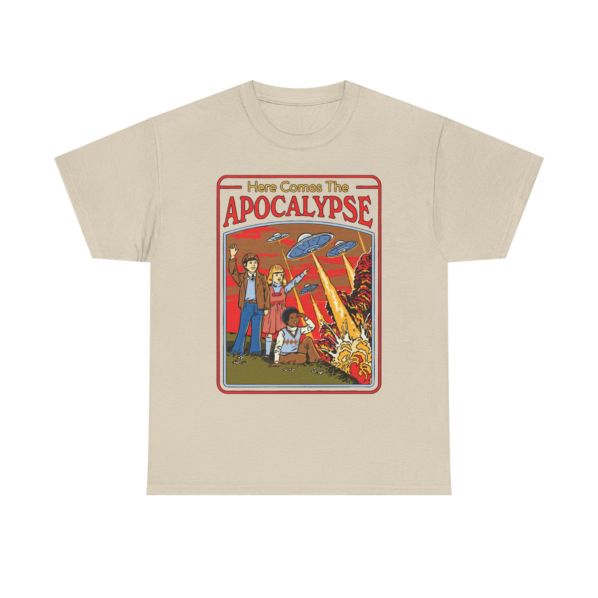 Apocalypse Comic Tee — "Here Comes The Apocalypse" Retro UFO Graphic Shirt
