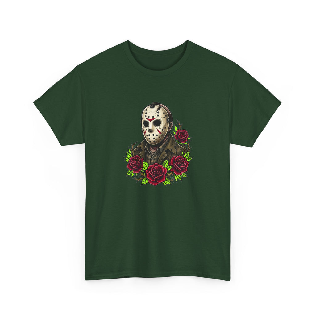 Horror Mask & Roses Tee — Jason-Inspired Skull Mask Graphic T-Shirt for Horror Fans