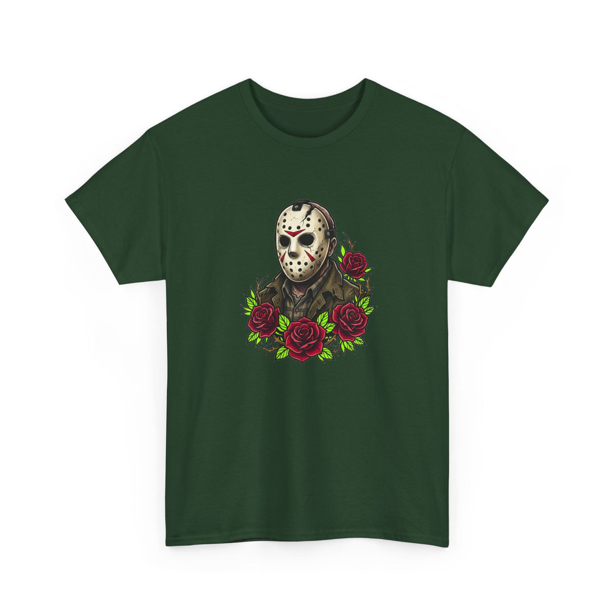 Horror Mask & Roses Tee — Jason-Inspired Skull Mask Graphic T-Shirt for Horror Fans
