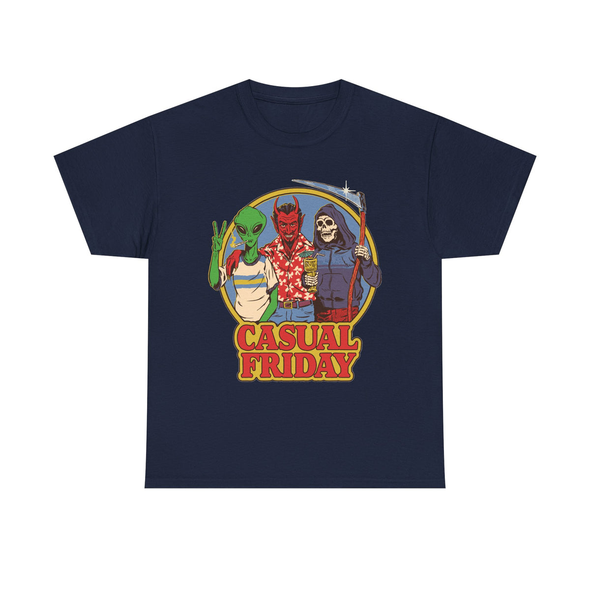 Casual Friday Tee — Alien, Devil & Grim Reaper Retro Graphic Shirt